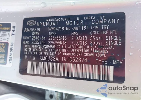 2019 Hyundai Tucson Limited from USA, damaged, VIN KM8J33AL1KU062374